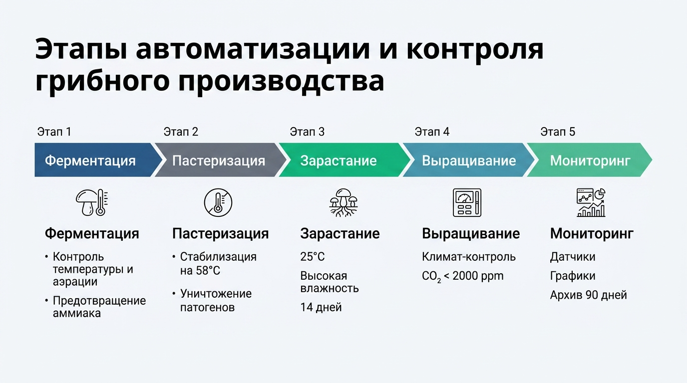 Этапы автоматизации и контроля грибного производства